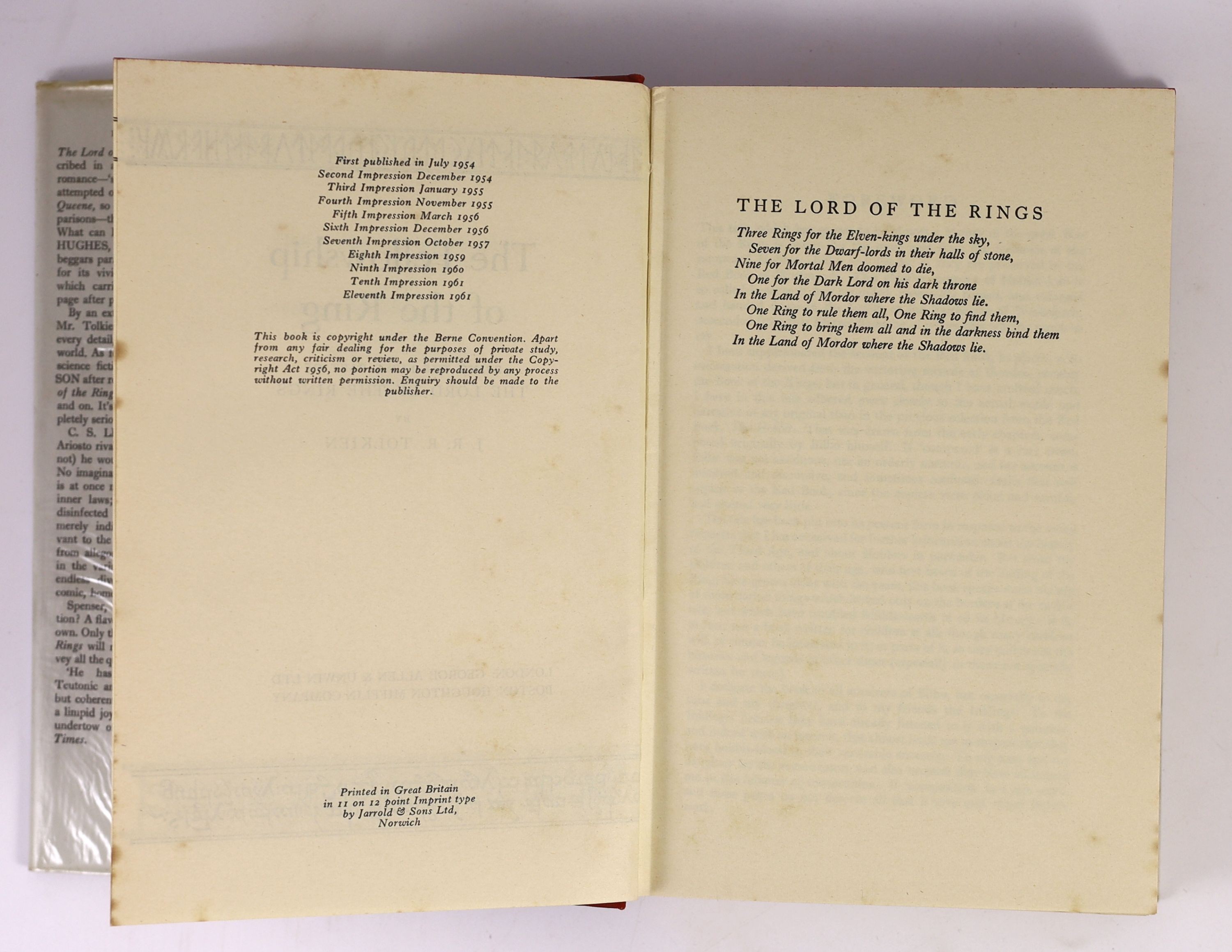 Tolkien, J.R.R - Lord of the Rings - The Fellowship of the Ring, 11th impression, 1961, The Two Towers, 10th impression, 1963 and The Return of the King, 11th impression, 1965, all with unclipped d/j’s, retaining folded